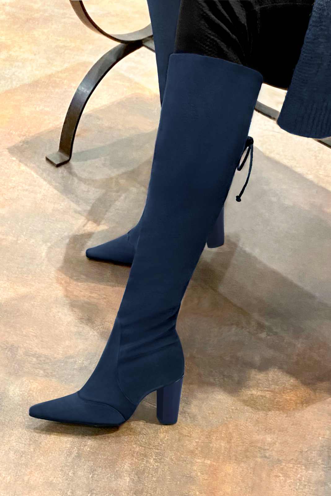 Navy blue women's knee-high boots, with laces at the back. Pointed toe. High block heels. Made to measure. Worn view - Florence KOOIJMAN